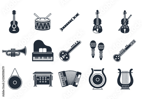 Collection of various musical instrument glyph icons.
