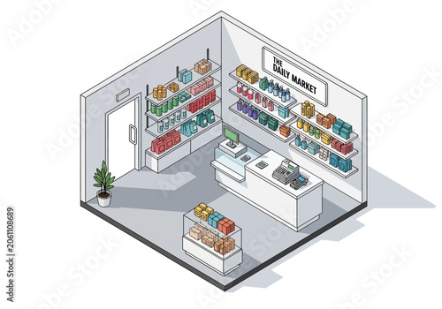 Cuadro en lienzo An isometric view of a minimalist convenience store called The Daily Market feat