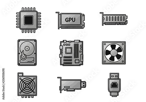 Detailed computer hardware and internal component icon set.