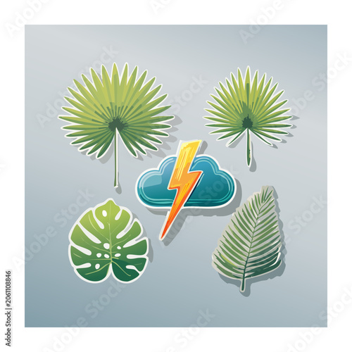 Flat Design Tropical Leaves and Lightning Cloud Illustration