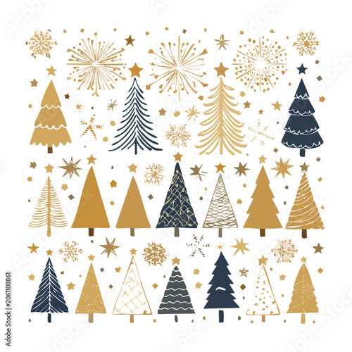 Hand-drawn Christmas trees, snowflakes, stars and fireworks pattern