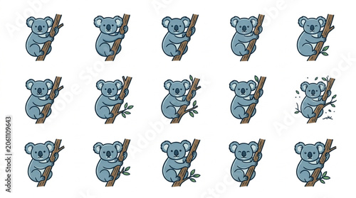 Photography Collection of cute cartoon koalas on tree branches.