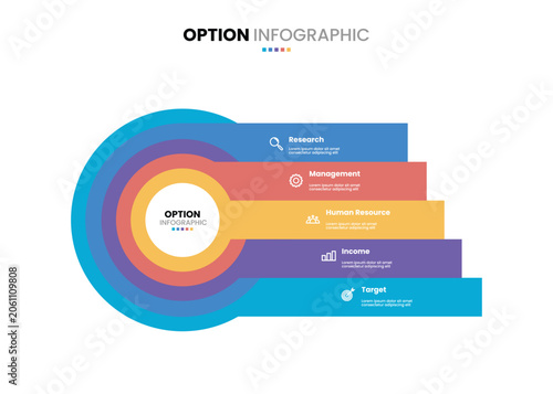 5 step, option, part or process circle layered wheel venn diagram infographic design