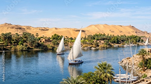 Feluccas Sail on the Nile River Amidst Desert Landscape and Lush Vegetation