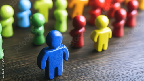 Wooden figures in various colors stand on a dark surface to represent diversity and team dynamics.