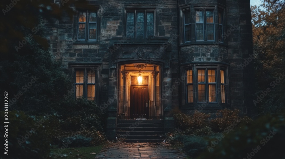Fototapeta premium Creepy old gothic mansion with flickering light at entrance