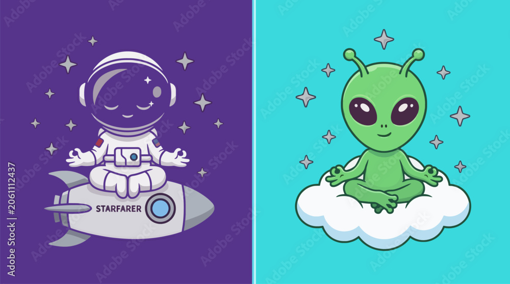 Obraz premium Cute Chibi Astronaut Meditating on Rocket Vector Illustration Commercial Use