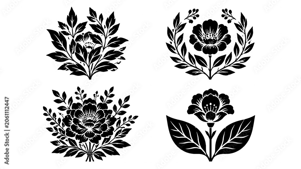 Fototapeta premium Set of black floral folk style decorative botanical elements