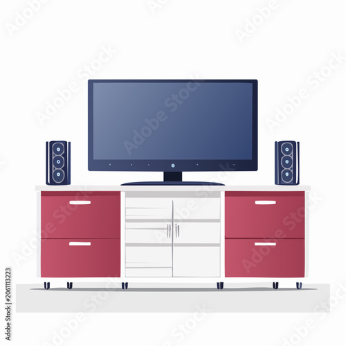 Modern Entertainment Center with Flat Screen TV and Speakers