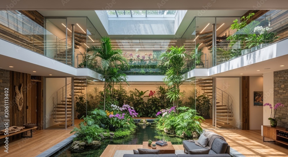Fototapeta premium Modern interior with indoor garden and natural light design