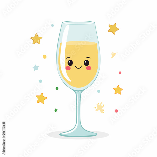 Cute Kawaii Champagne Glass with Happy Face and Stars