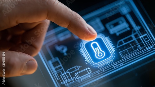 Human finger touching a glowing blue digital touchscreen interface featuring a thermostat icon for smart home energy management system control
