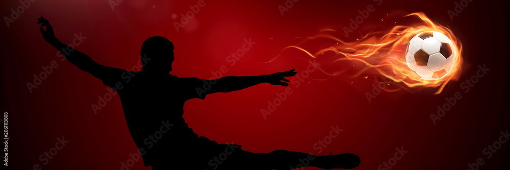 Naklejka premium Soccer player kicking a flaming ball on red background