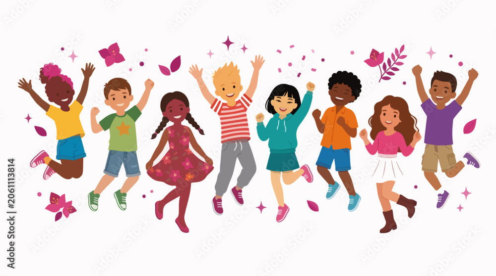 Fototapeta premium Diverse Children Jumping Celebration Flat Vector Illustration For Commercial Use