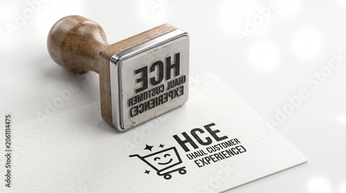 HCE High Customer Experience rubber stamp on white paper, wooden handle stamper with shopping cart icon, retail service quality concept