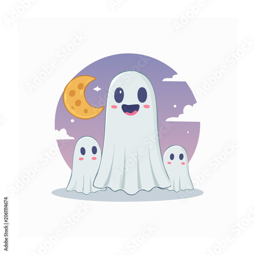 Cute Cartoon Ghost Family with Moon and Clouds
