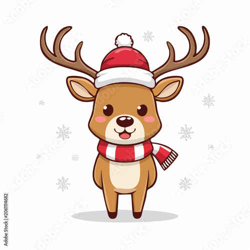 Cute Cartoon Reindeer Wearing Santa Hat and Scarf with Snowflakes