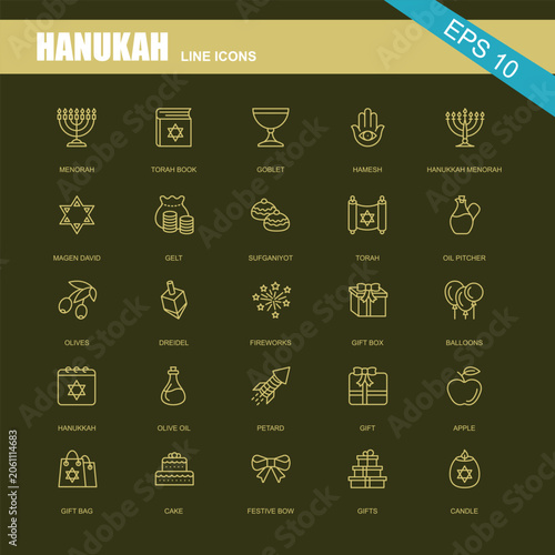 Fotografía Hanukkah holiday celebration linear line art icon set with hanukkah, celebration