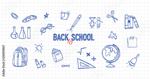 Fényképezés Back to school vector doodles set on checkered notebook paper background