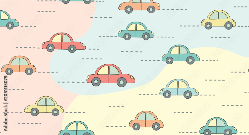 Obraz premium Playful pattern featuring various colorful cartoon cars driving along dashed road lines on a background with soft pastel shapes.