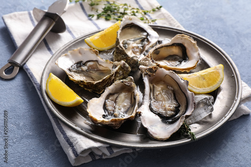 Vászonkép Fresh raw oysters on ice with lemon slices and shucking knife on a metal plate,