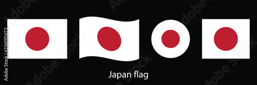 Japan Flag Vector Illustration Set Featuring Japanese National Flags in Standard Rectangle, Waving, Round Circle, and Flat Icons Style, Isolated Design Elements on Black Background.