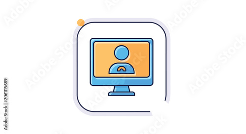 Blue computer monitor icon displaying a user profile avatar on an orange screen within a white square frame.