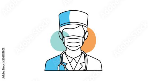 Professional male doctor wearing a protective medical mask and blue uniform against a modern graphic background for healthcare.