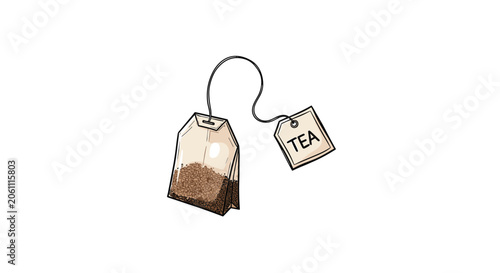 Detailed illustration of a paper tea bag filled with dried leaves and featuring a small square tag labeled with tea text.