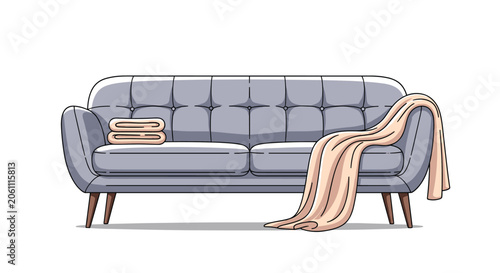 Stylish grey upholstered sofa featuring a cozy beige throw blanket and neatly folded towels on a clean white background.
