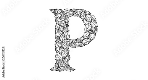 Creative letter P formed entirely from numerous small hand drawn leaves in a detailed black and white line art style.