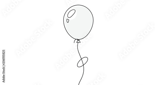 Single floating balloon with a long curved string shown in a simple black and white line art illustration for celebrations.