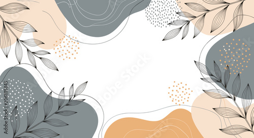Artistic background with abstract fluid shapes in muted colors and elegant hand drawn leaf patterns for contemporary web design.