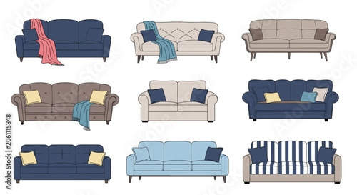 Diverse set of nine colorful sofa designs featuring various styles, cushions, and blankets for home interior decorating ideas.