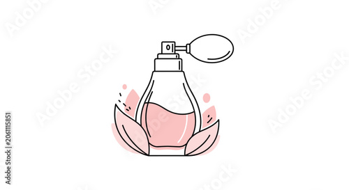 Elegant perfume glass bottle containing pink liquid surrounded by decorative leaf shapes in a soft feminine illustration.