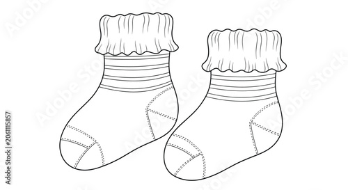 Simple black and white line drawing of a pair of adorable baby socks featuring striped patterns and ruffled tops for infants.