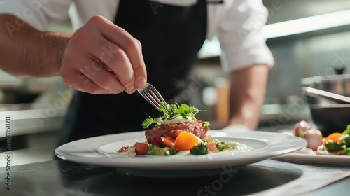 Chef carefully arranges delicate microgreens on a gourmet meal using a small metal fork to ensure a perfect presentation.