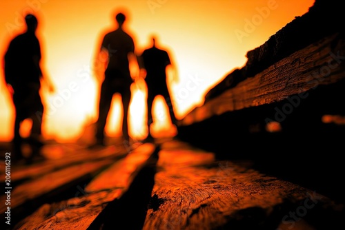 Silhouetted figures stand against a vibrant sunset over rough, textured wooden planks