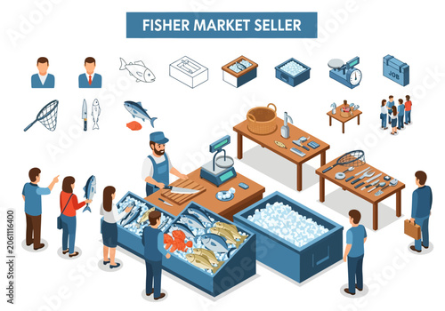 Fotografía An isometric infographic displays a fishmonger market stall customers and variou