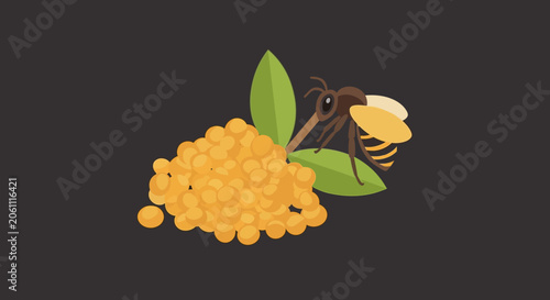 Bee collecting pollen from flowers, vector illustration, nature, organic food