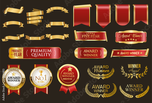 Foto Award Winners gold and red medal logo white emblems, premium quality badges and