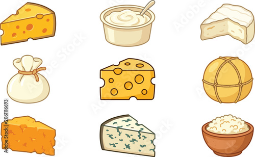 Cheese vector icon collection set featuring diverse cartoon dairy products including swiss cheddar blue cheese burrata ricotta and mozzarella isolated on white background