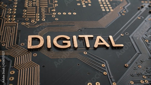 Futuristic close-up of a circuit board with the engraved word 