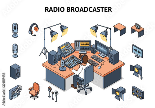 Fotografia Isometric illustration of a radio broadcaster at a desk with audio and lighting
