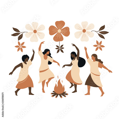 Minimalist boho vector illustration of diverse women dancing around a campfire decorated with large abstract earth tone flowers