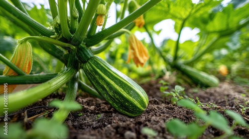 Young, striped gourds grow on vines with yellow blossoms in loamy garden soil