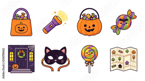 Colorful Halloween stickers show festive objects and treats on white background for kids.