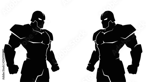 Foto Black silhouette illustration of two muscular armored figures facing each other, representing heroes, warriors, or a futuristic standoff, isolated on a white background