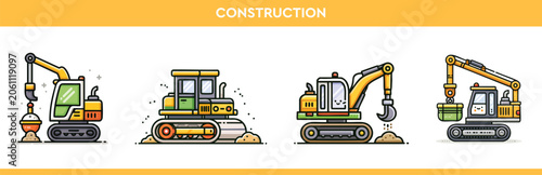 Professional Set of Stylized Construction Vehicle Icons