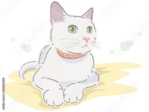 A white cat lying down on the linen. Vector illustration in line drawing, isolated on white background.